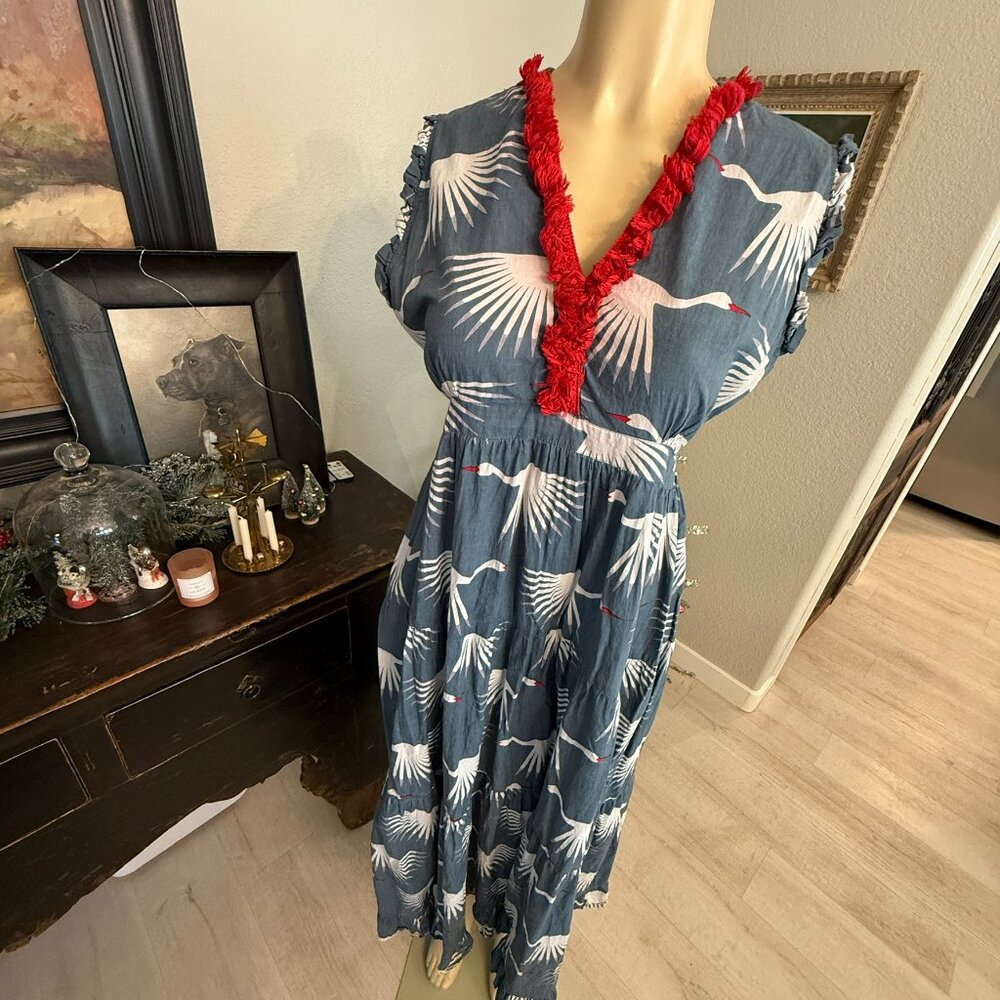 kalimera from Greece: cotton summer dress w/ white cranes and red fringe trim
